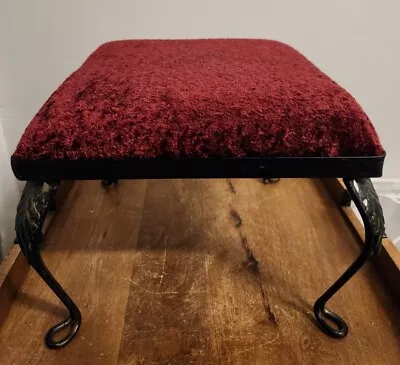 Vintage Wrought Iron Upholstered 12  Footstool Ottoman Burgundy Top  • $30