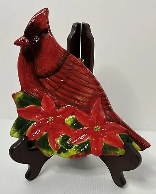Christmas Red Cardinal Bird Dish Ceramic Poinsettia Cheese Candy Cracker Dish • $9.50