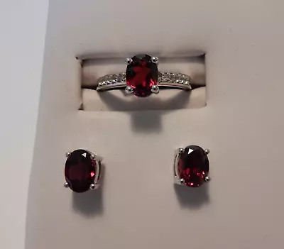 Rhodolite Garnet & White Topaz Sterling Silver Earring And Ring Set 4.39ct • $50