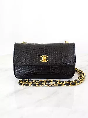 Chanel Vintage 1989 Classic Mini Flap Black Alligator 24K Gold Plated Bag • $17500