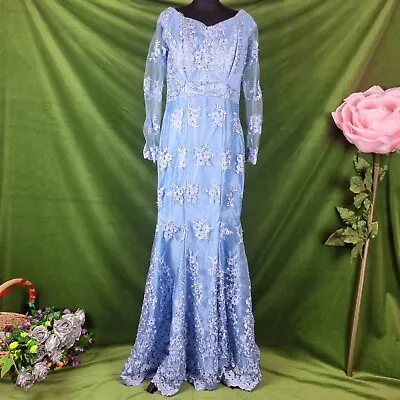 Vintage 1980s Blue Mermaid Trumpet Evening Dress Fits 18 Drag Queen • £39.99