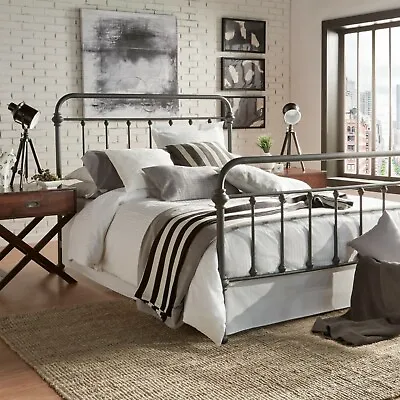 Full Size Bed Vintage Antique Iron Style Metal Headboard Footboard Frame Grey • $374.44