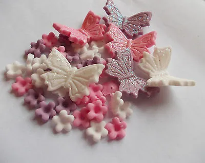 Edible Sugar Icing Blossom Flowers Glittered Butterfly Cup Cake Toppers • £4.15