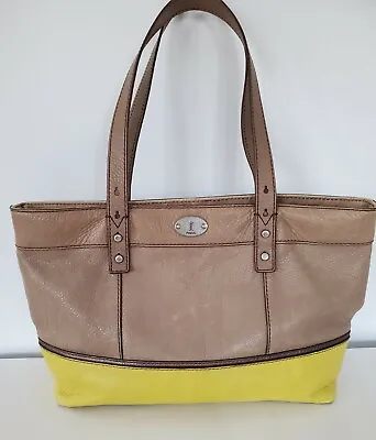 Fossil Taupe/Yellow Leather Hunter Tote Bag Shoulder Shopper *Great Condition! • $22
