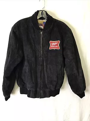 Miller High Life Leather Wool Varsity Jacket M Vintage Black Girl Moon Bomber • $150