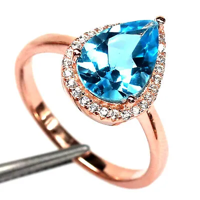 8 X 12 MM. Pear Swiss Blue Topaz Tanzanite & Cubic Zirconia Ring 925 Silver • £100.56