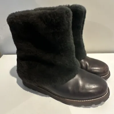 Ugg Maylin Womens Leather Sheepskin Boots Sz 7 Cuffed Dark Brown Apres Ski EUC • £48.16