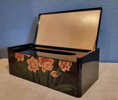 MCM Black Lacquer Look Plastic Tissue Box Cover W/ Floral Design & Mirror • $18