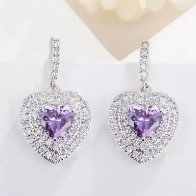 Amethyst Purple CZ Big Long Drop Flower Leaf Love Heart Earrings For Brides Gift • $5.03