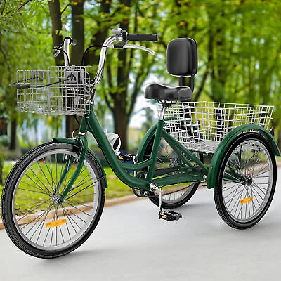 Adult Tricycle Adult Trike 24  1 Speed 3 Wheel Green Bikes W/Removable Basket • $222.98