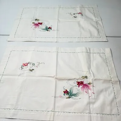 Vintage Handmade Pillowcase Pair Fish Koi Pond Embroidered Chinoiserie Oriental • $22.40