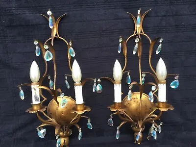 2 Vintage Lamps Hollywood Regency Gold Metal Wall Sconces Rainbow Crystal Prisms • $39