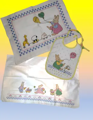 3 Pcs Cross Stitch Baby Bassinette Sheet + Pillow Bunnies Bunnys Balloons + Bib • $34.99