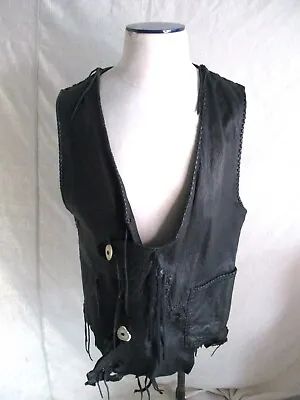 Black Gray Leather Fringe Horn Cowboy Western Native Cosplay Vest Large • $49.99