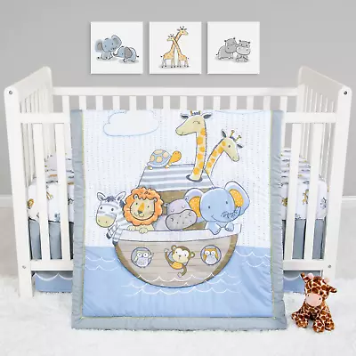 NEW Baby BOY NOAH'S ARK BLUE WHITE YELLOW BIBLICAL 4Piece Crib Bedding Set • $69.55