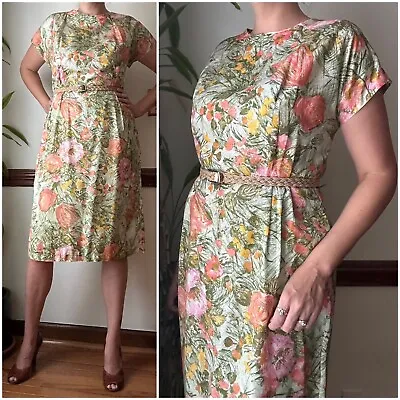 Vintage 50s Dress - Wiggle Sheath Dress - Peach Floral Mad Men Career • $64