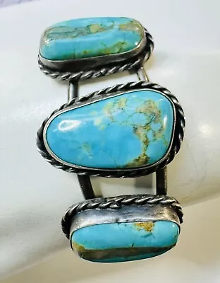 Vintage Navajo Sterling Silver 3 Turquoise Cuff Bracelet • $150