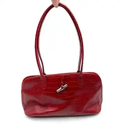 Longchamp Croc Embossed Red Leather Shoulder Bag Medium Satchel Double Handle • $175