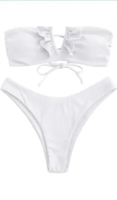 ZAFUL Women V-Wired Ruffle Ribbed Bandeau Bikini White Two Peice SZ L 8 US NWT • $14.99