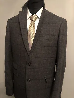 Mens NEXT Tailored Fit Blue Tweed Check Wool Blazer Elbow Patches Jacket Sz 40R • £12.99