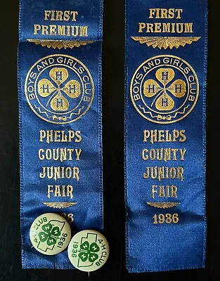 1936 Phelps Co. Nebraska 4-H Club Blue Ribbons And 2 4H Pins / Buttons • $18