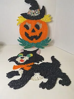 Vintage Melted Popcorn Plastic Black Cat & Jack O Lantern Pumpkin Halloween • $39.99