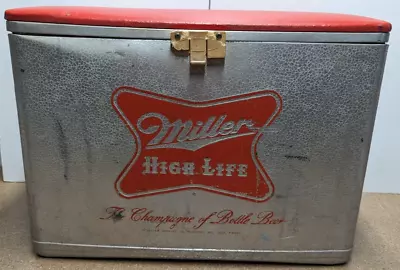 Vintage MILLER HIGH LIFE BEER Cronstroms Red Padded Top Metal Cooler Ice Chest • $179.99