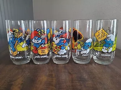 Smurf Vintage 1982-83 Assorted Peyo Smurf Drinking Glasses Set Of 5 • $30.95