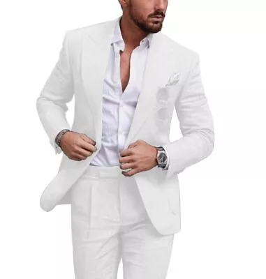 Linen Summer Men Suits For Wedding Groom Tuxedos Casual Beach  Suit Set • $75.90
