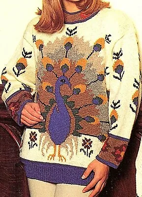 Sweater Knitting Pattern In DK. Peacock Design Women's Jumper Intarsia Picture • £2.99