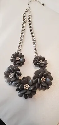  J.Crew Designer Necklace With Gray Flower Pedals And Rhinestone Center J-49 • $19.99