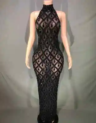 Sparkling Rhinestone Sleeveless Long Elegant Dark Mesh Celebratory Evening Dress • $134.50