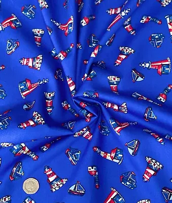 100% Cotton Poplin Fabric By Fabric Freedom Lighthouse Nautical Sailing Boat BLU • £2.75