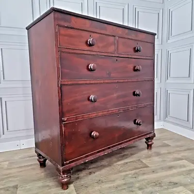 Antique Victorian Chest Of 5 Drawers / Commode - Flamed Mahogany Veneer • £339.99