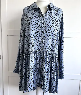 £11.99 • Buy Capsule Dress Size 16 Blue Leopard Print Long Roll Tab Sleeve Button Up Frill