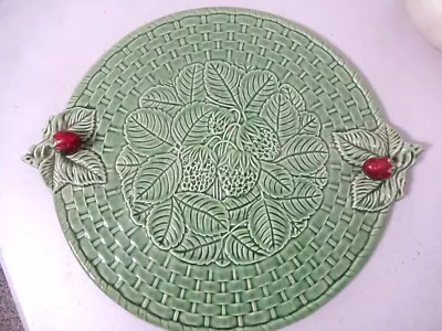 Bordallo Pinheiro Majolica Green Basket Weave Platter W Strawberry Handles • $35