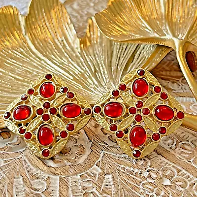 Brand NEW Vintage Victoria Gold Plated Resin/Rhinestone Earring Silver Post Red • $28