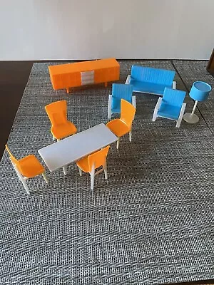 Vintage Plastic Miniature Dollhouse Furniture Blue Orange White Sofa Chairs • $14.95