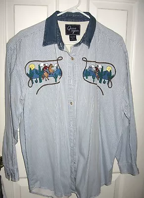 VTG Womans  Lets Quinn Again  Embroidered Western Shirt Blue/White Stripe XL • $23.99