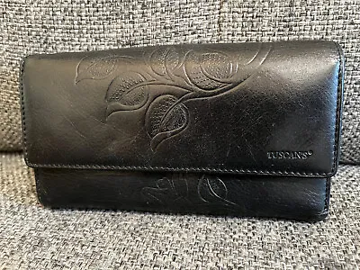 Vintage Tuscans Vera Pelle BLACK Embossed Design Leather Clutch Wallet 7.5  X 4  • $12.35