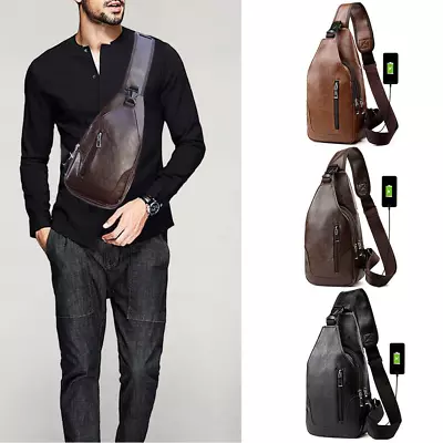 Men Leather Sling Bag Chest Shoulder Crossbody Backpack USB Charging Port Travel • $7.59