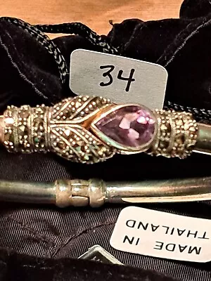 Vintage Beautiful Sterling Marcasite Amethyst Hinged Bangle Bracelet • $13