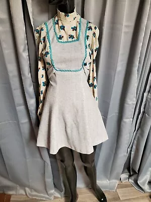 XS-S Vtg Floral Pinafore 60s 70s Mini Dress Ties Boho Mod Hippie Flower Power • $12.99