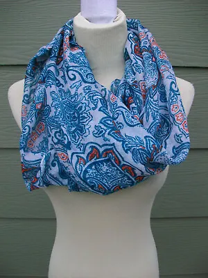 Womens Infinity Scarf Shawl Blue Orange Paisley Floral Semi Sheer Polyester Wrap • $4.99