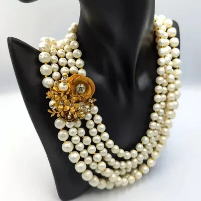 Miriam Haskell Unsigned Multi Strand Faux Pearl Ornate Gold Floral & Rhinestone • £316.34