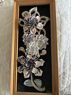 VTG Sea Shell Art Flower  Wood Frame  Black Felt Background 11” X 5”.  MCM • $8.99