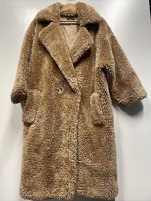 Athina Tan Fur Coat Long Fuzzy Women Medium Sherpa Camel Button Closure • $34.99