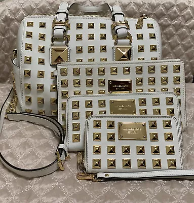 🍦Rare Michael Kors Optic White Gold Studded Grayson Purse+Wristlet+2-Wallets🍦 • $215