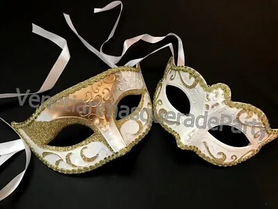 Gold White Masquerade Ball Eye Mask Pair Set White Dress Birthday Costume Party • $16.15