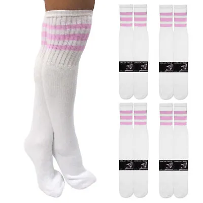 4 Pairs Knee High Tube Socks 3 Stripe Old School 24 Soccer Sport 10-15 Pink • $17.11